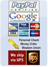 Pay Pal, Google Checkout, Personal Check, Money Order, UPS, Worldwide Shipping